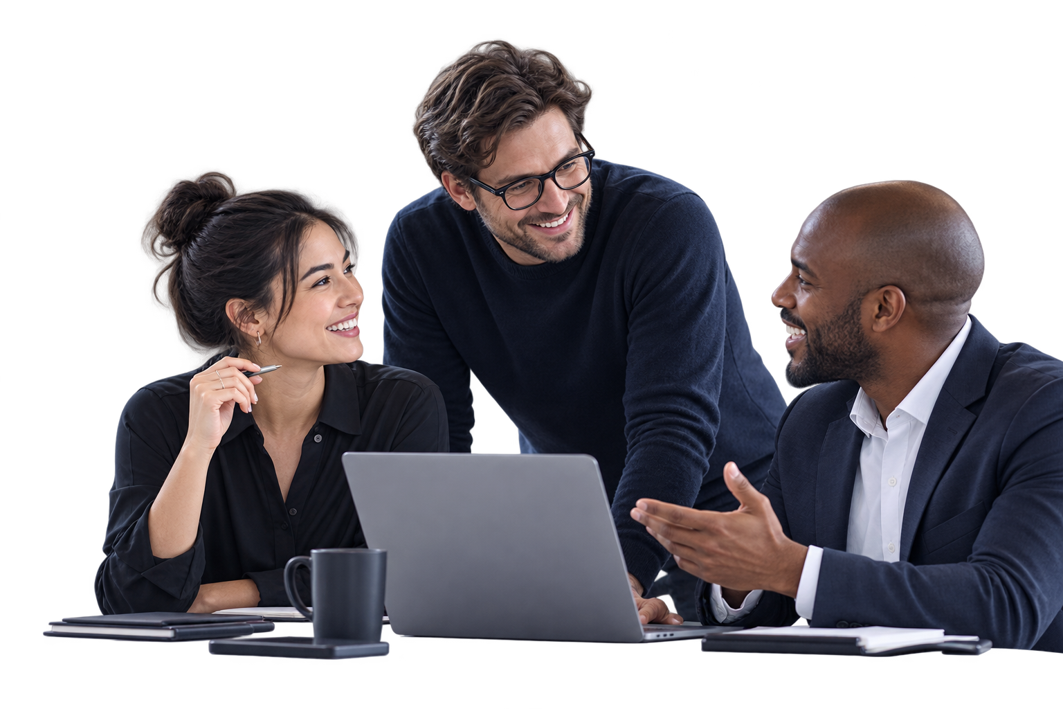 Three business partners collaborating around a laptop